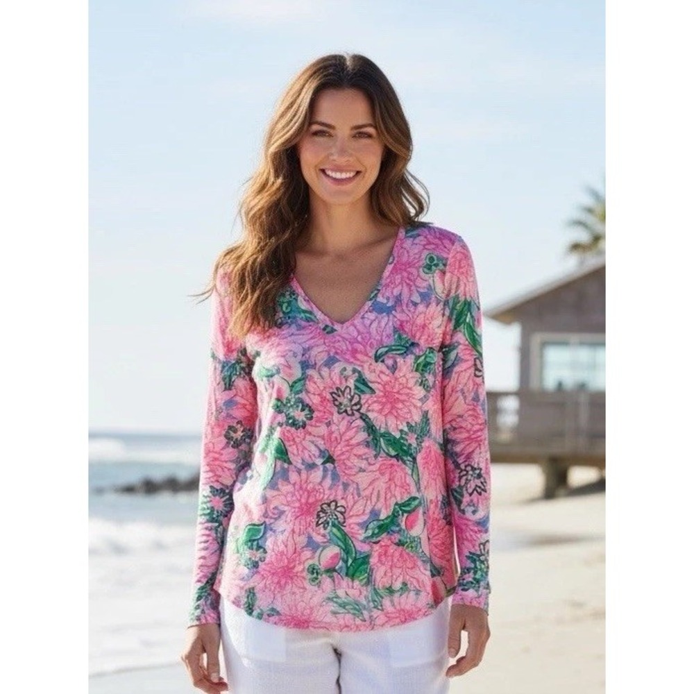 Lilly Pulitzer Etta Large Long Sleeve Top Pink Shirt Try Your Zest Size L Blouse